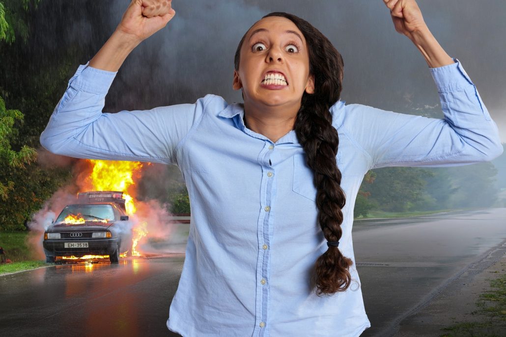 Lady with exploded car